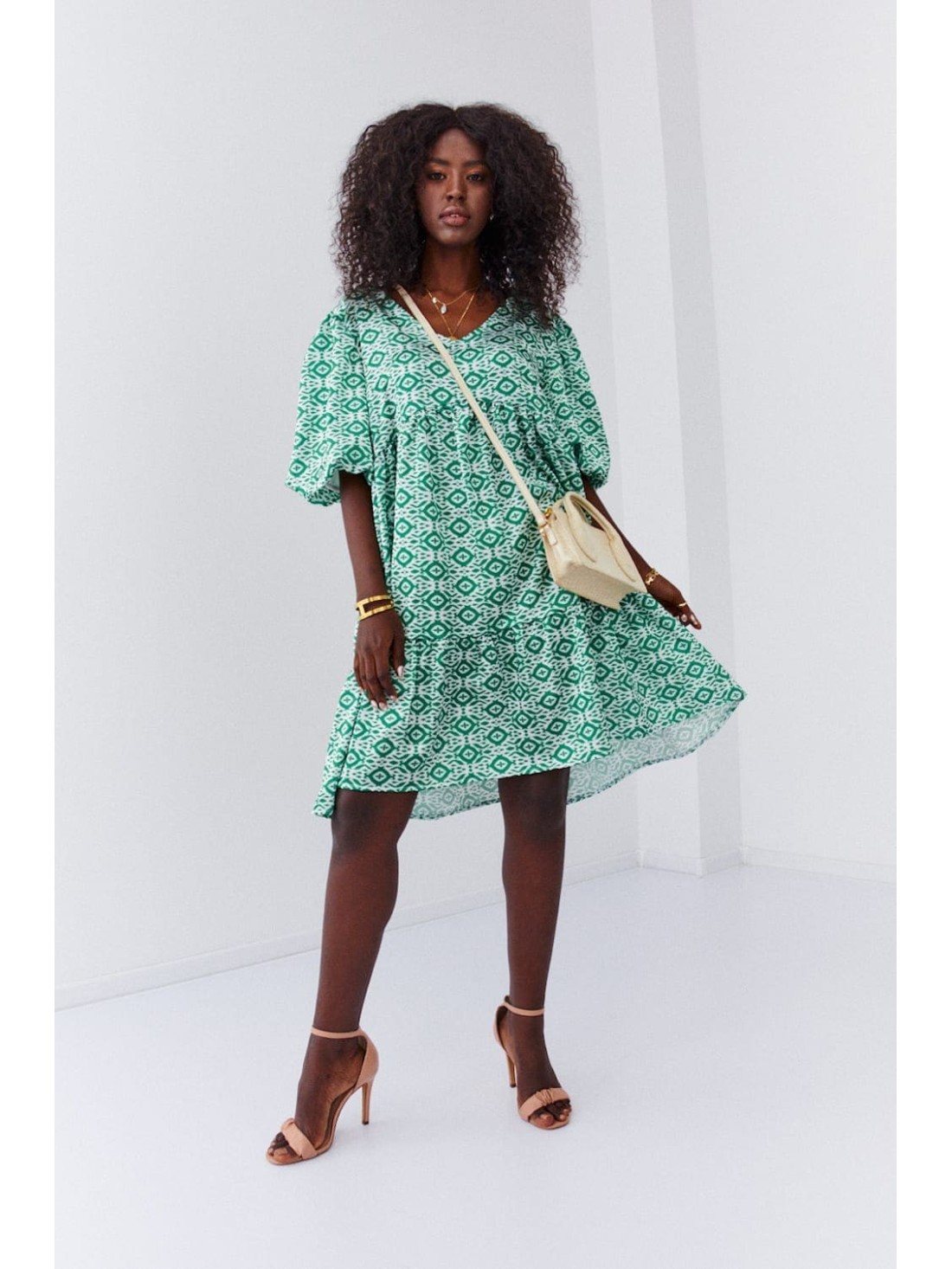 Rochie larga cu maneci bufante, verde FG639 - Magazin online - Boutique